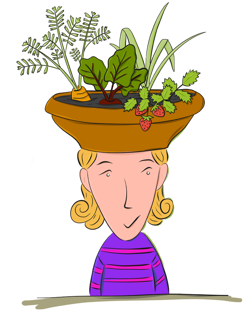 Mädchen mit Pflanz-Topf auf dem Kopf voller Gemüse und Obst